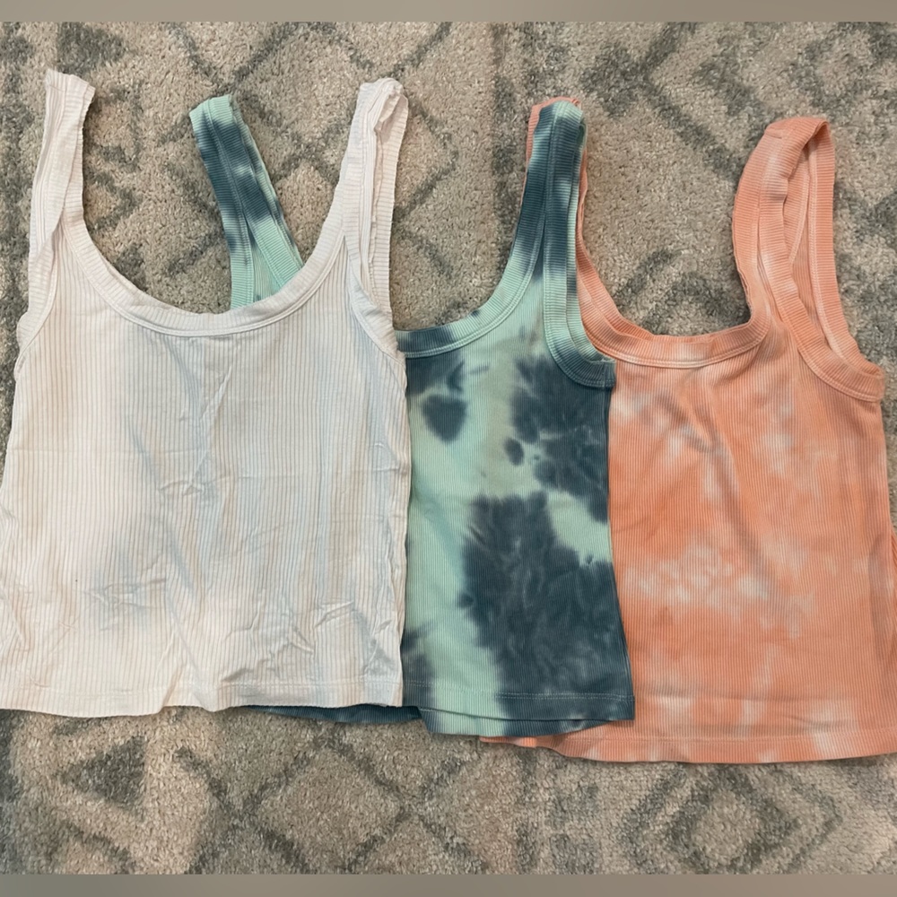 Plain tank tops: white, blue tie dye, pink tie dye